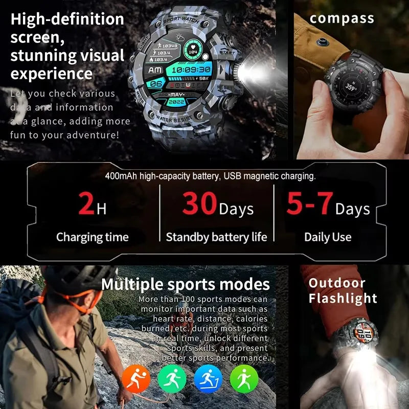 2026 Rugged Sports Smart Watch Bluetooth Calls Colorful Waterproof Military Smartwatches with Flashlight SOS COMPASS for Phone
