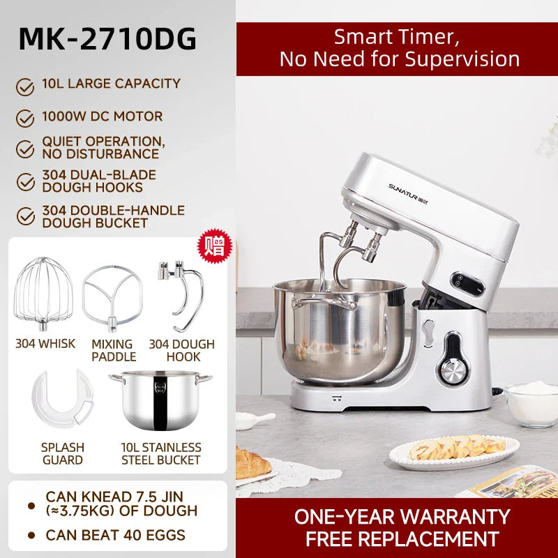 SUNATUR 10L Stand Mixer 1000W DC Quiet Dough Mixer Dual 304 Hooks 6 Speed Electric Food Mixer for Home Commercial