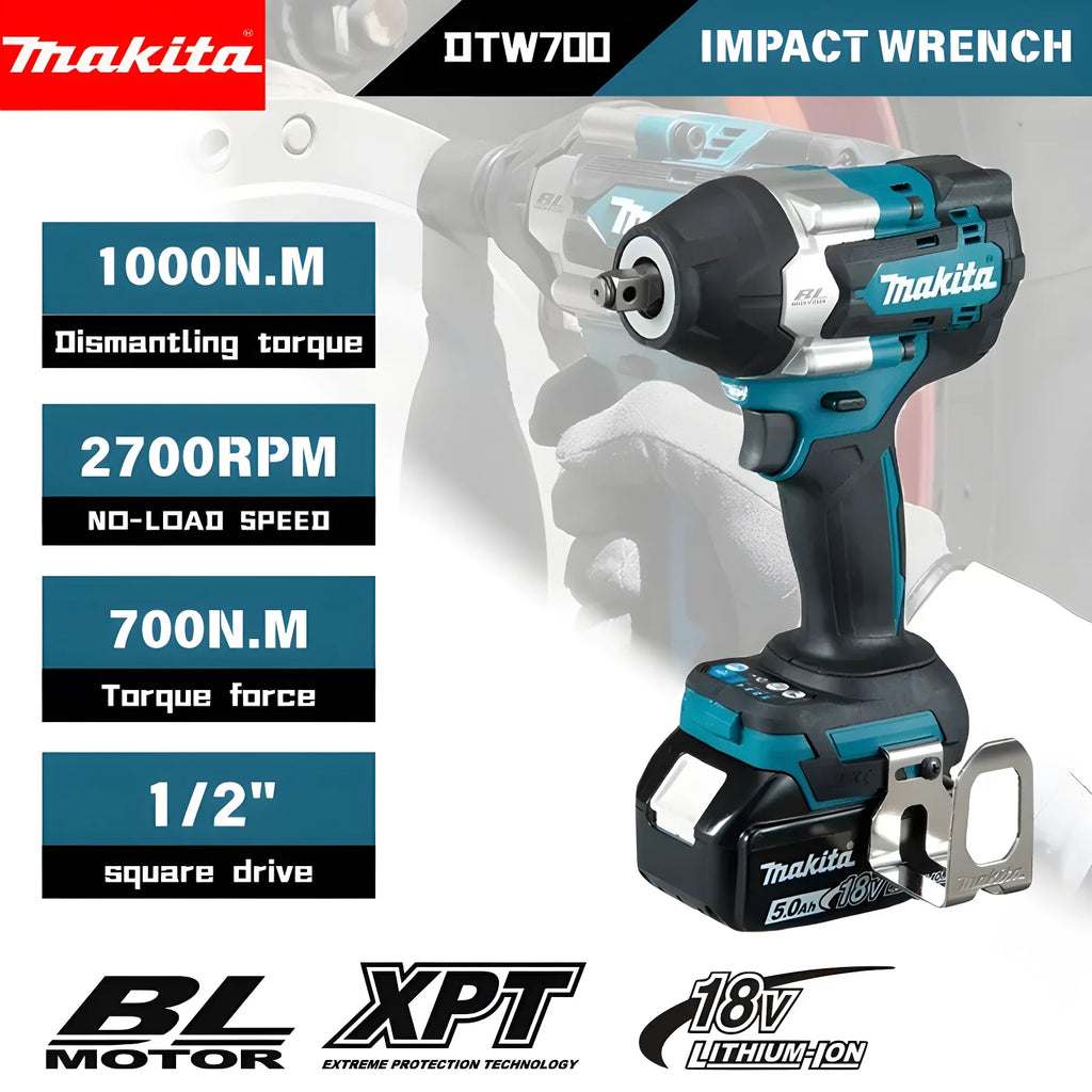 Makita DTW700 Cordless Impact Wrench 18V Brushless Motor 1000Nm Variable Speed Electric Wrench High Effieiency Durable Auto Stop