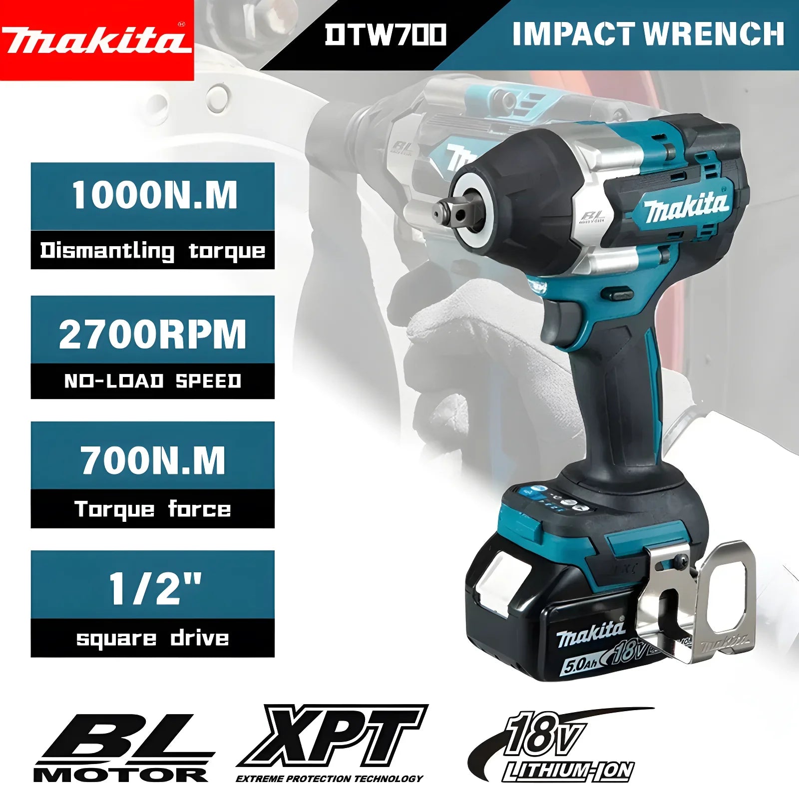 Makita DTW700 Cordless Impact Wrench 18V Brushless Motor 1000Nm Variable Speed Electric Wrench High Effieiency Durable Auto Stop