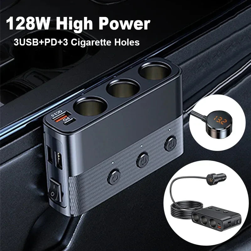 Car Cigarette Lighter Socket Splitter With Switch 128W Car Charger Splitter Multi Ports PD30W QC3.0 Fast Charger Power Adapter