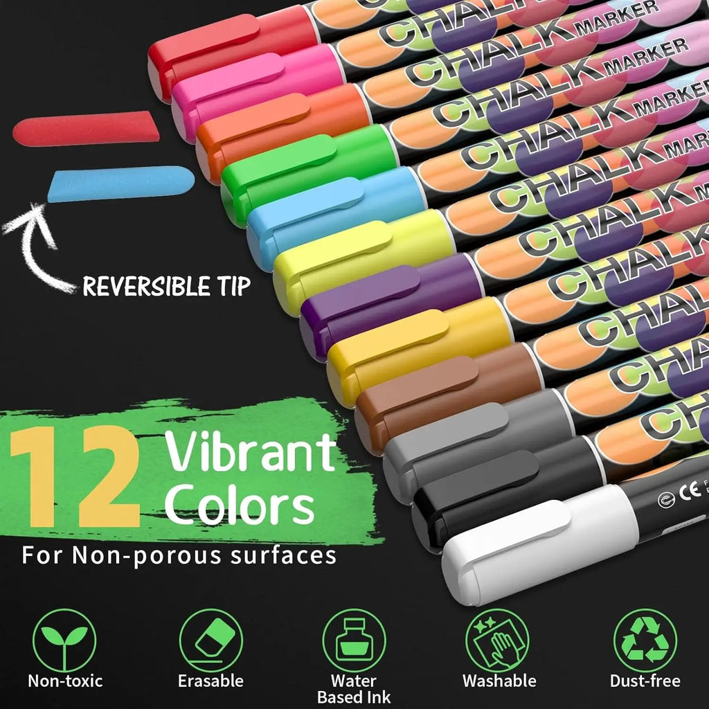 12-Color Washable Liquid Chalk Markers, Wet Erase Neon Pens for Blackboard, Glass, and Kids Art
