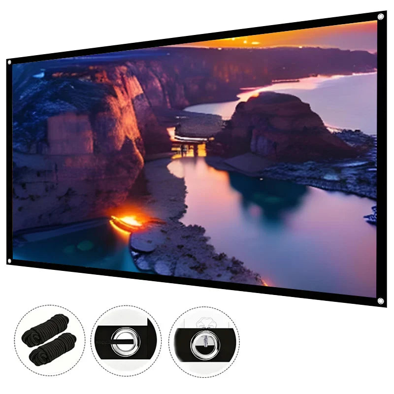 120 inch 16:9 projection screen with rope. Suitable for outdoor projection, the rope is more convenient for fixing the screen.