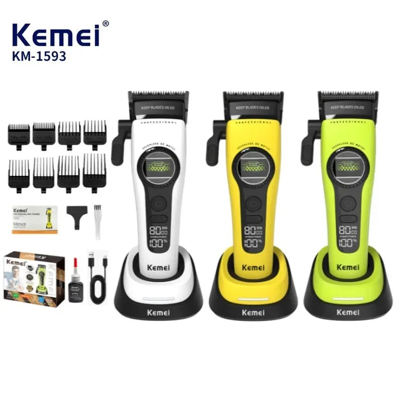 Kemei 1593 Barber Professional Hair Clipper Rechargeable Trimmer Electric Hair Cutting Machine External Rotor Brushless Motor