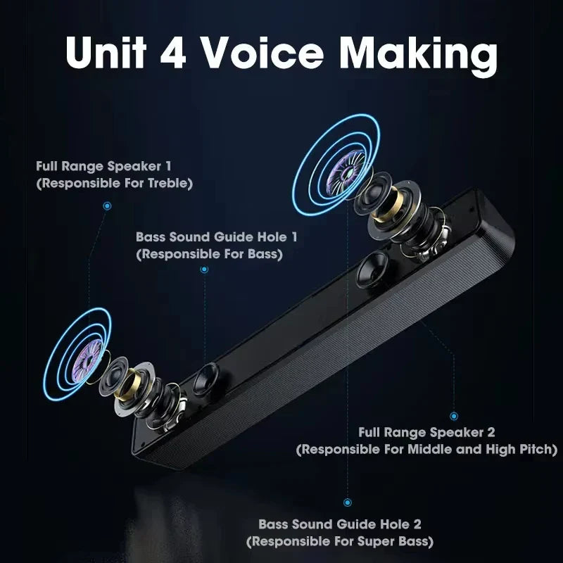 Bluetooth Soundbar with Subwoofer 4D Surround Speaker for TV Computer Wired Stereo and Powerful Bass Home Theater
