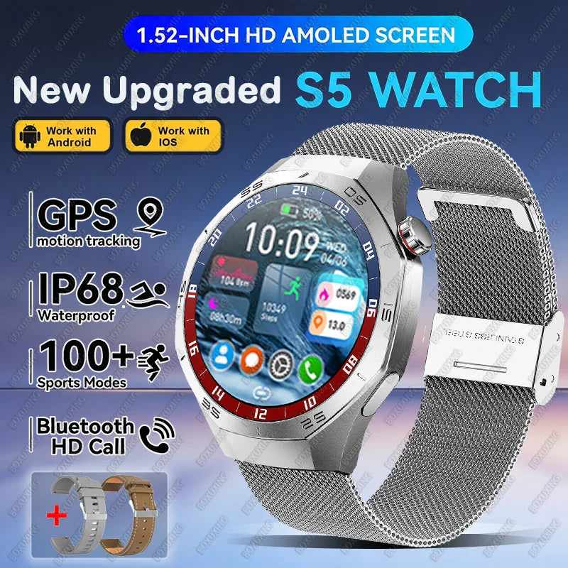 2026 New BOXUXING S5 Smart Watch Men HD AMOLED Screen GPS Motion trajectory HeartRate Bluetooth Call 1.52" SmartWatch IP68 Watch