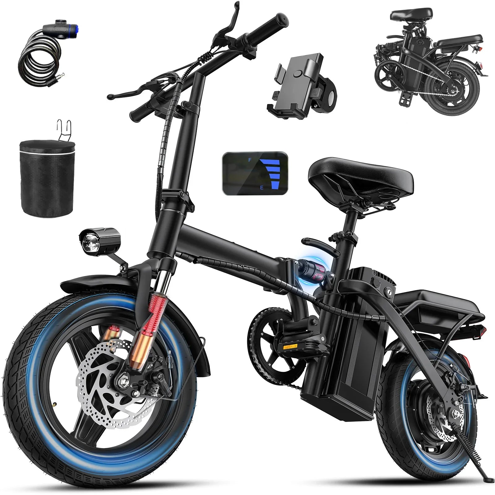 Adult and adolescent folding electric bicycles, 14 inch 500W 24MPH 48V 10Ah battery, 3-level pedal assist, 14 inch foldable mini