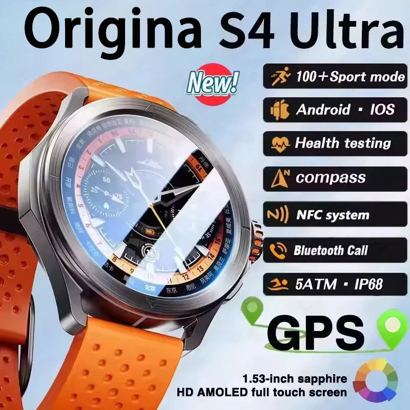 Original S4 Ultra Smart Watch Men  AMOLED Outdoor Sport NFC GPS Track Heart Rate Waterproof Bluetooth Call Smart watch 2025 New