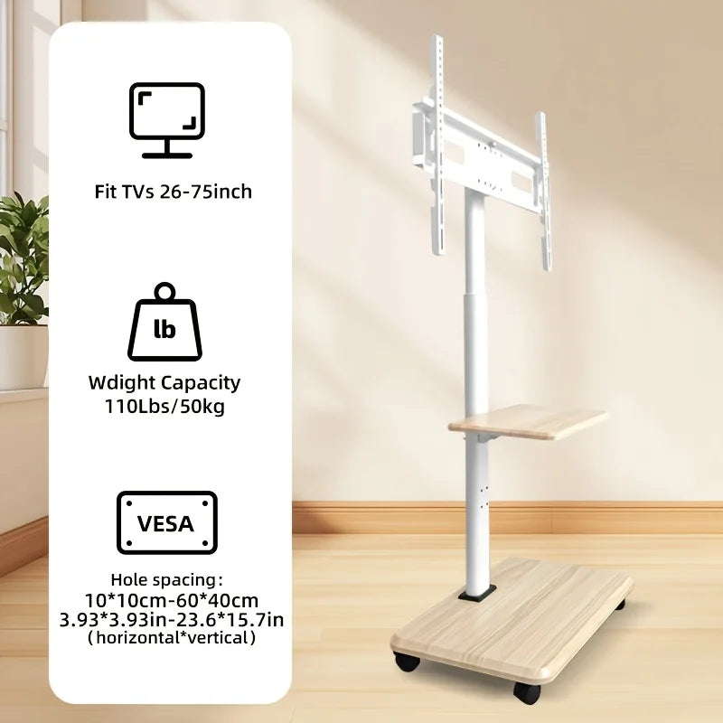 Floor Rolling TV Stand with Wheels, Mobile TV Cart for 26-75 Inch TVs up to 99 lbs, TV Stand with Swivel and Height Adjustment