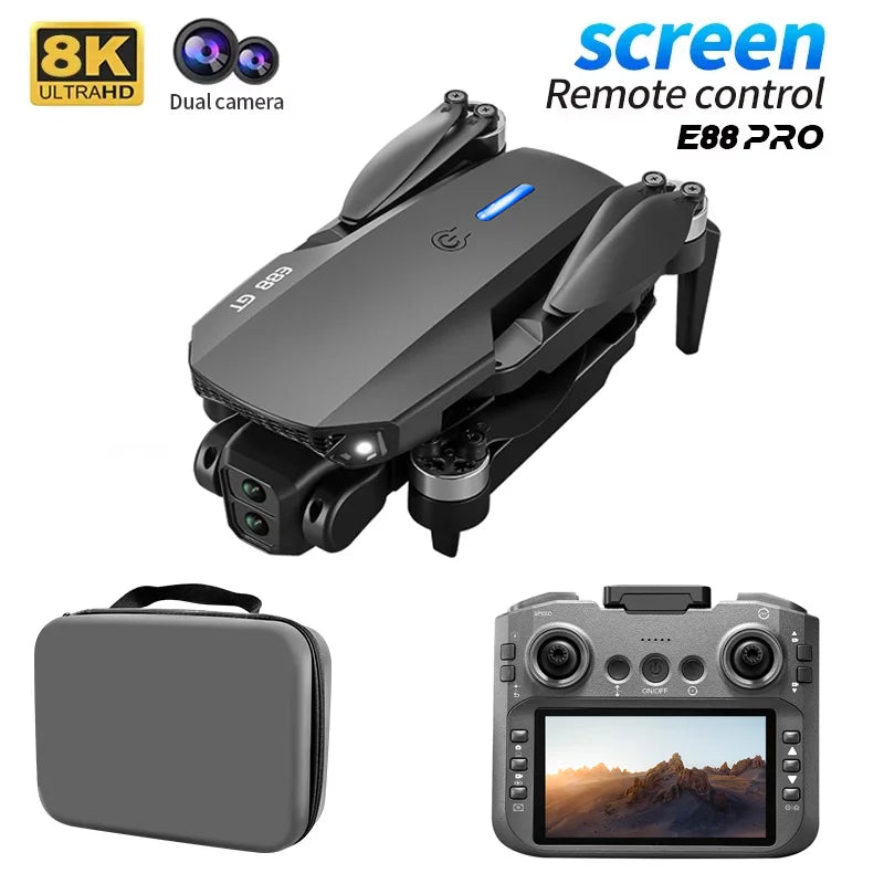 2026 New E88 Big screen Foldable Drones GPS 8K HD Dual Camera Brushless Motor Obstacle Avoidance RC Quadcopter children's Toys