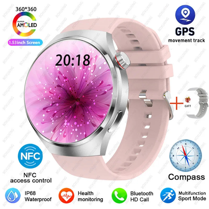 2025 New Watch 4 Pro GPS NFC Smart Watch Men 360*360 AMOLED Screen Heart Rate Bluetooth Call Waterproof Sports Man Smartwatch