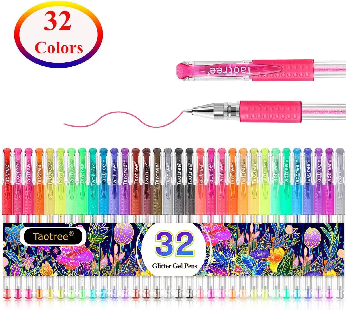 32 Colors Glitter Gel Pens Set, Fine Tip Art Markers with 40% More Ink for Adult Coloring and Drawing