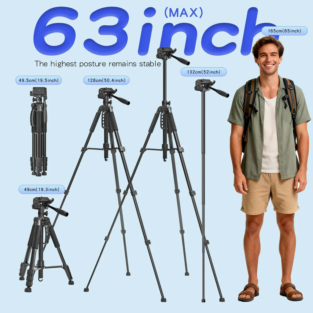 63''/160cm Video Tripod Monopod, 3 Way Pan Tilt Head, Overhead Camera Mount, Horizontal Central Axis, Phone Holder Compatible wi