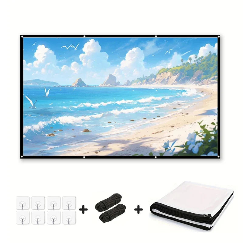 120 inch 16:9 projection screen with rope. Suitable for outdoor projection, the rope is more convenient for fixing the screen.