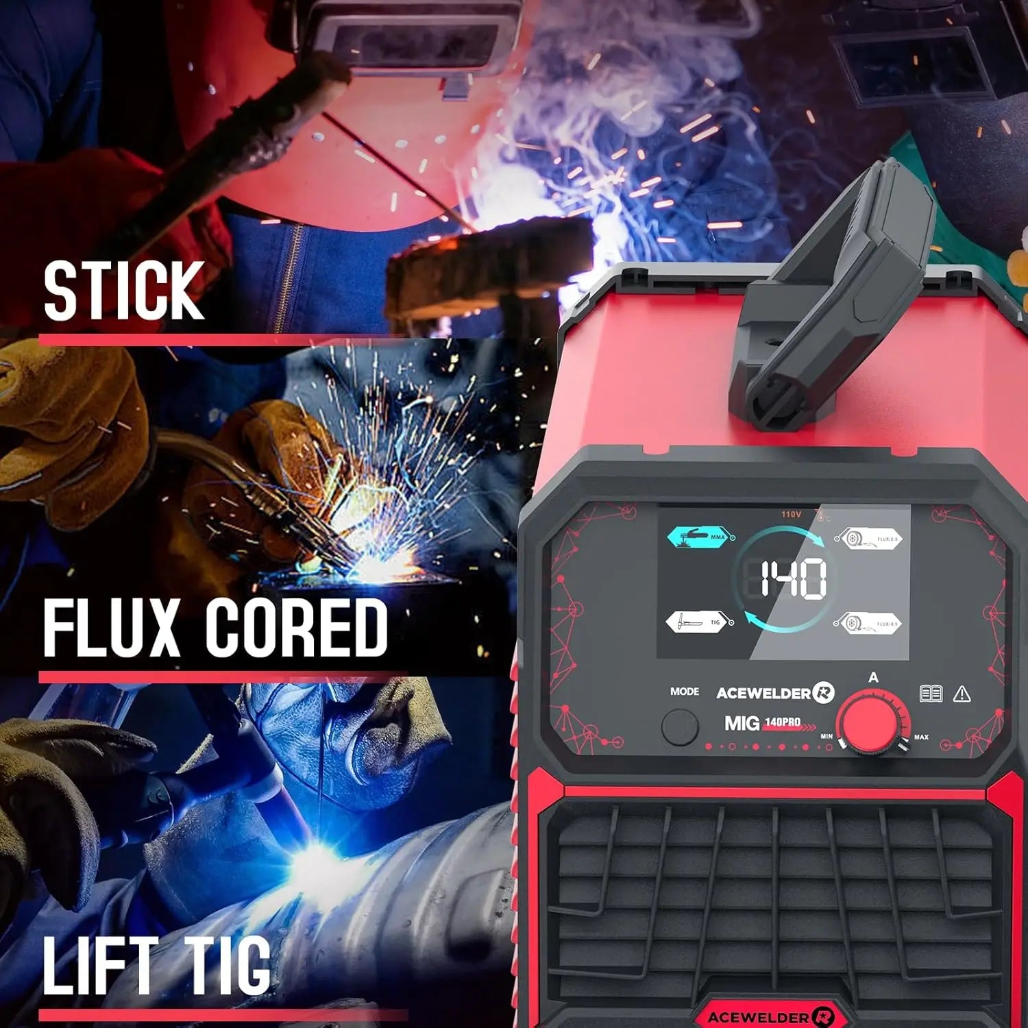 140A Portable Welder, 3-in-1 MIG/LIFT TIG/Stick Machine with Synergic Control and LED Display