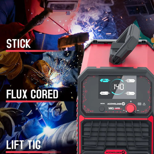 140A Portable Welder, 3-in-1 MIG/LIFT TIG/Stick Machine with Synergic Control and LED Display