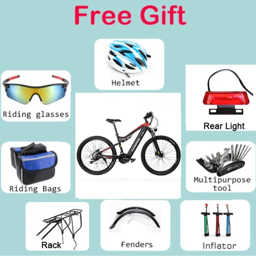 Electric Bicycle RANDRIDE YG90 1000W 48V17AH Hydraulic Brake E-bike with Full Suspension  21 Gears Shift Free Rack Electric bike
