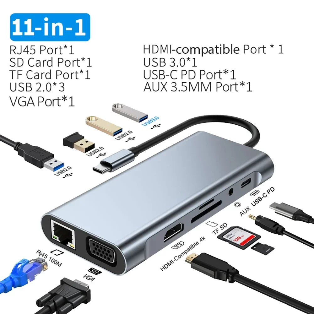4K 30Hz USB C Docking Station Type C to HDMI-compatible VGA RJ45 Adapter USB 3.0 HUB Splitter For Laptop Macbook Air M1 iPad Pro