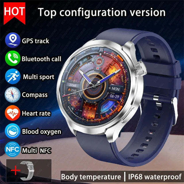 2026 New BOXUXING Outdoor Sports Smart Watch Men AMOLED Screen NFC GPS Compass Heart rate Waterproof Bluetooth Call SmartWatch