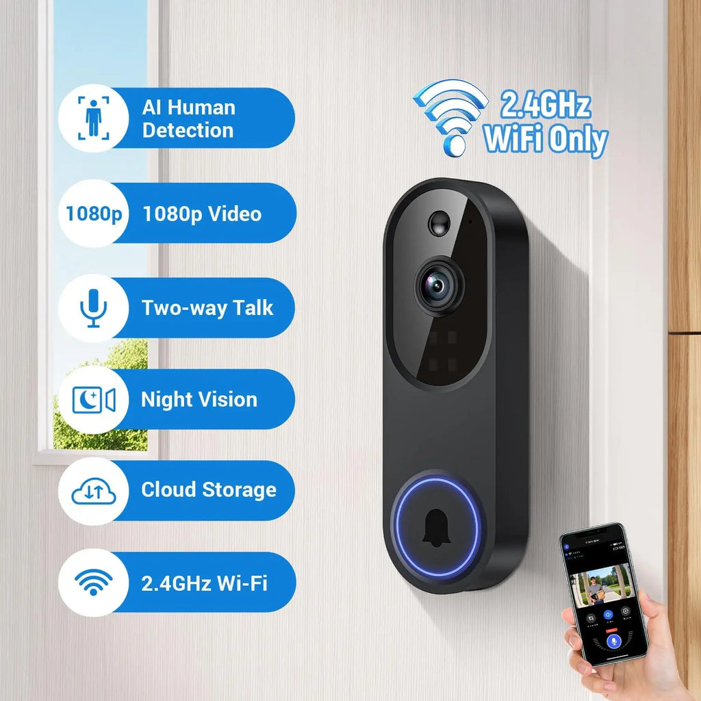 Wireless Video Doorbell Camera with AI Detection, Night Vision, 2-Way Talk, Battery Powered for Indoor/Outdoor Use