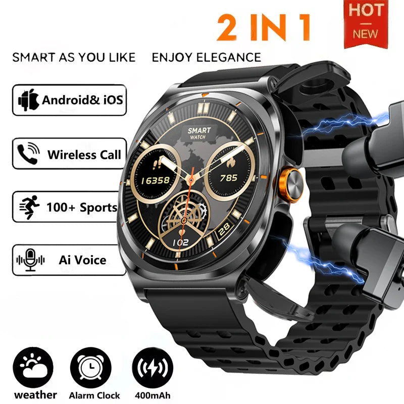 2026 New Upgraded TWS 2 in 1 Men SmartWatch with Headphones Bluetooth Call IP68 Waterproof Outdoor Sport Smartwatch For gift Hot
