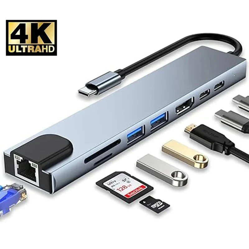 8 in 1 USB C Hub Type-C to Multiports 4K HDMI RJ45 PD Charge SD/TF Card Reader Type C To USB Adapter Dock For MacBook Air Pro PC