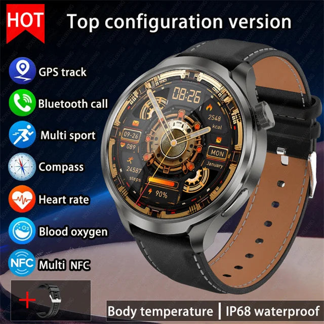 2026 New BOXUXING Outdoor Sports Smart Watch Men AMOLED Screen NFC GPS Compass Heart rate Waterproof Bluetooth Call SmartWatch