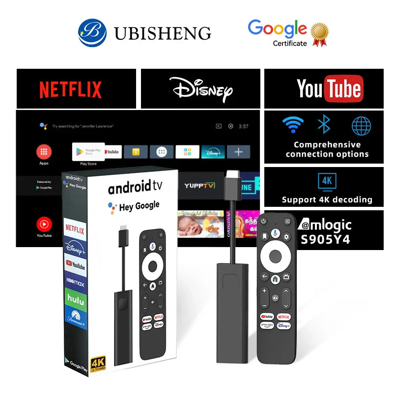 UBISHENG GD1 Google certified Android 11 4K BT Voice Remote S905Y4 AV1 2GB RAM 16GB ROM 5G WiFi Smart Android TV Box TV Stick