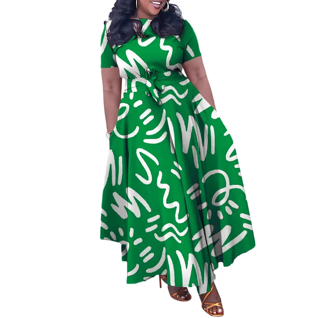 Printed Belted Dress Elegant  Knee-Length Round Neck Short Sleeve Dress