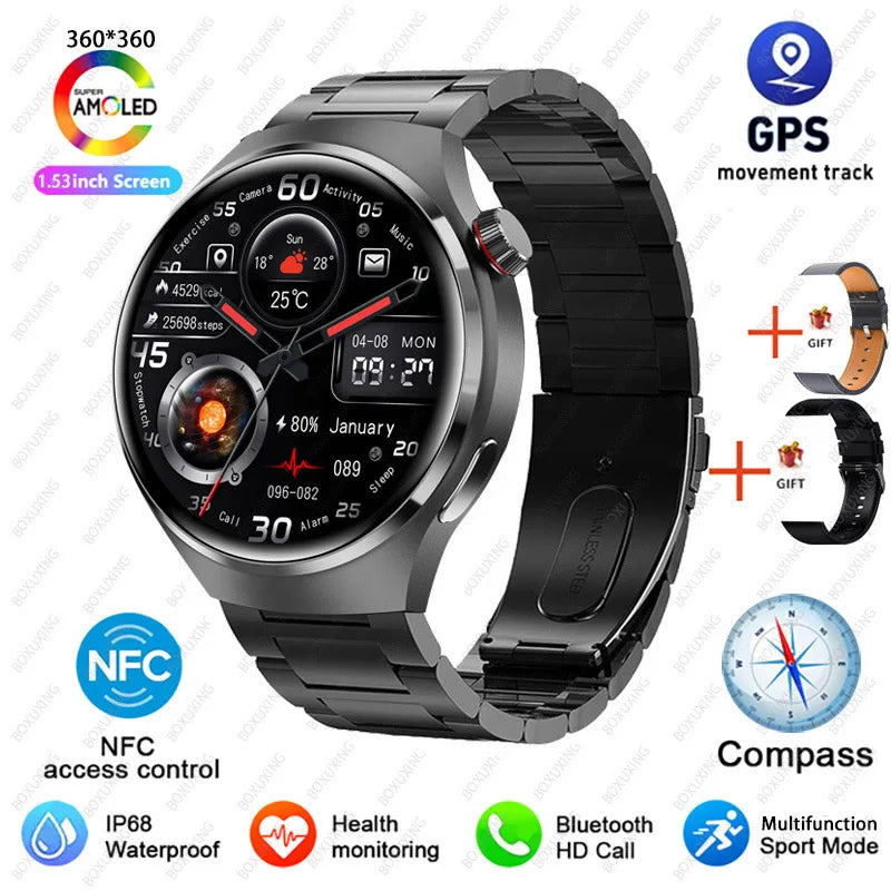 BOXUXING Watch 4 Pro Smart Watch Men GPS Sports Tracker NFC  1.53" HD Screen Health Monitor Watches Bluetooth Call SmartWatch