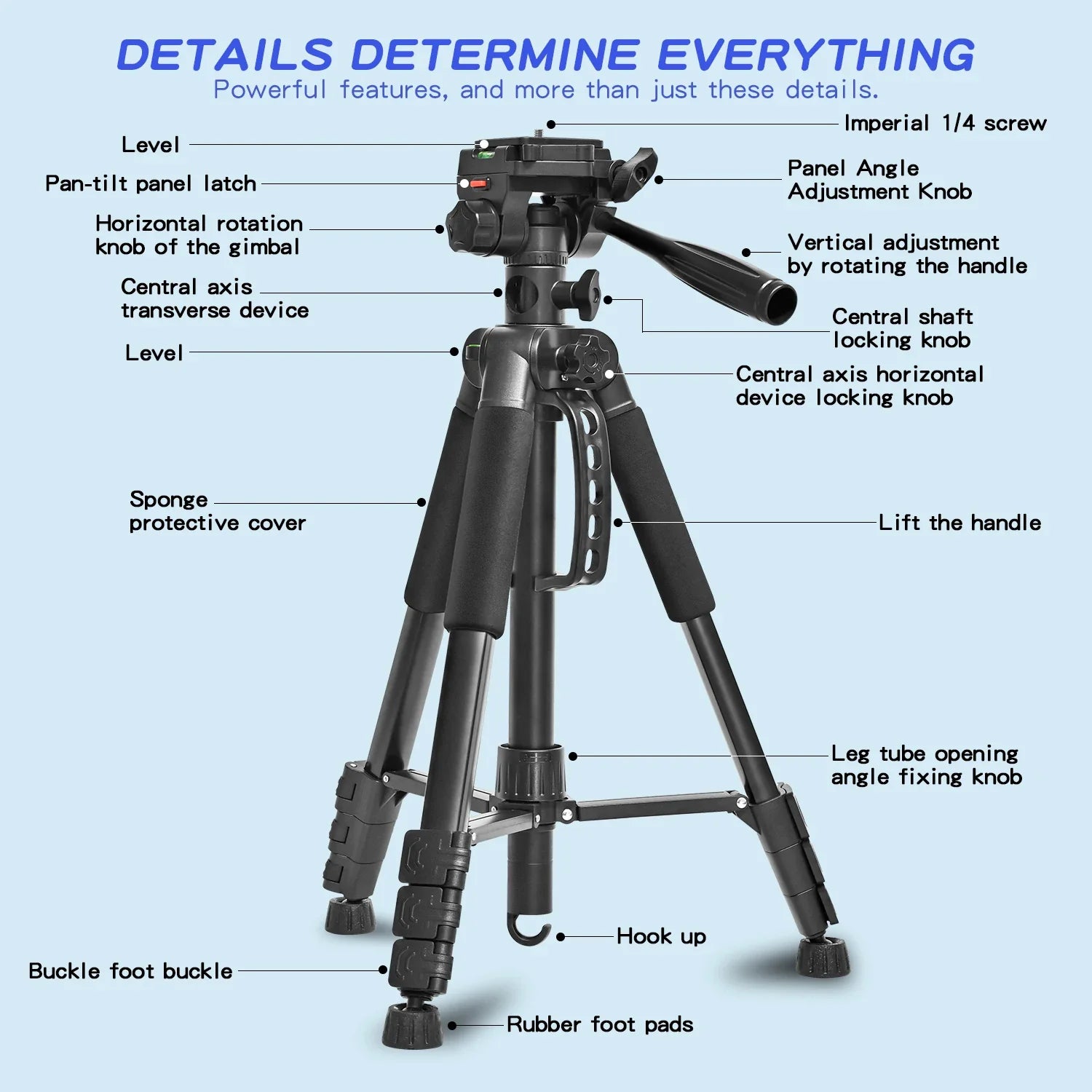 63''/160cm Video Tripod Monopod, 3 Way Pan Tilt Head, Overhead Camera Mount, Horizontal Central Axis, Phone Holder Compatible wi
