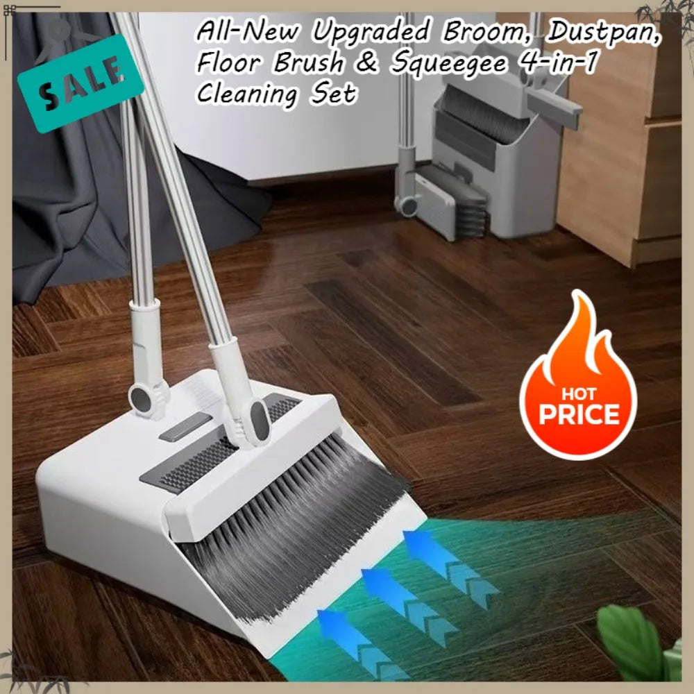 Home & Office Dual-Use 2026 Upgraded 4-in-1 Broom & Dustpan Set with Hidden Squeegee Floor Brush for Glass & Grease Cleaning