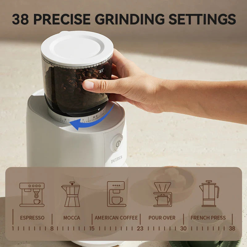 Petrus Coffee Grinder With 38 Precise Settings Conical Burr Grinder For Espresso/Drip/Pour Over/Cold Brew/French Press PE3700