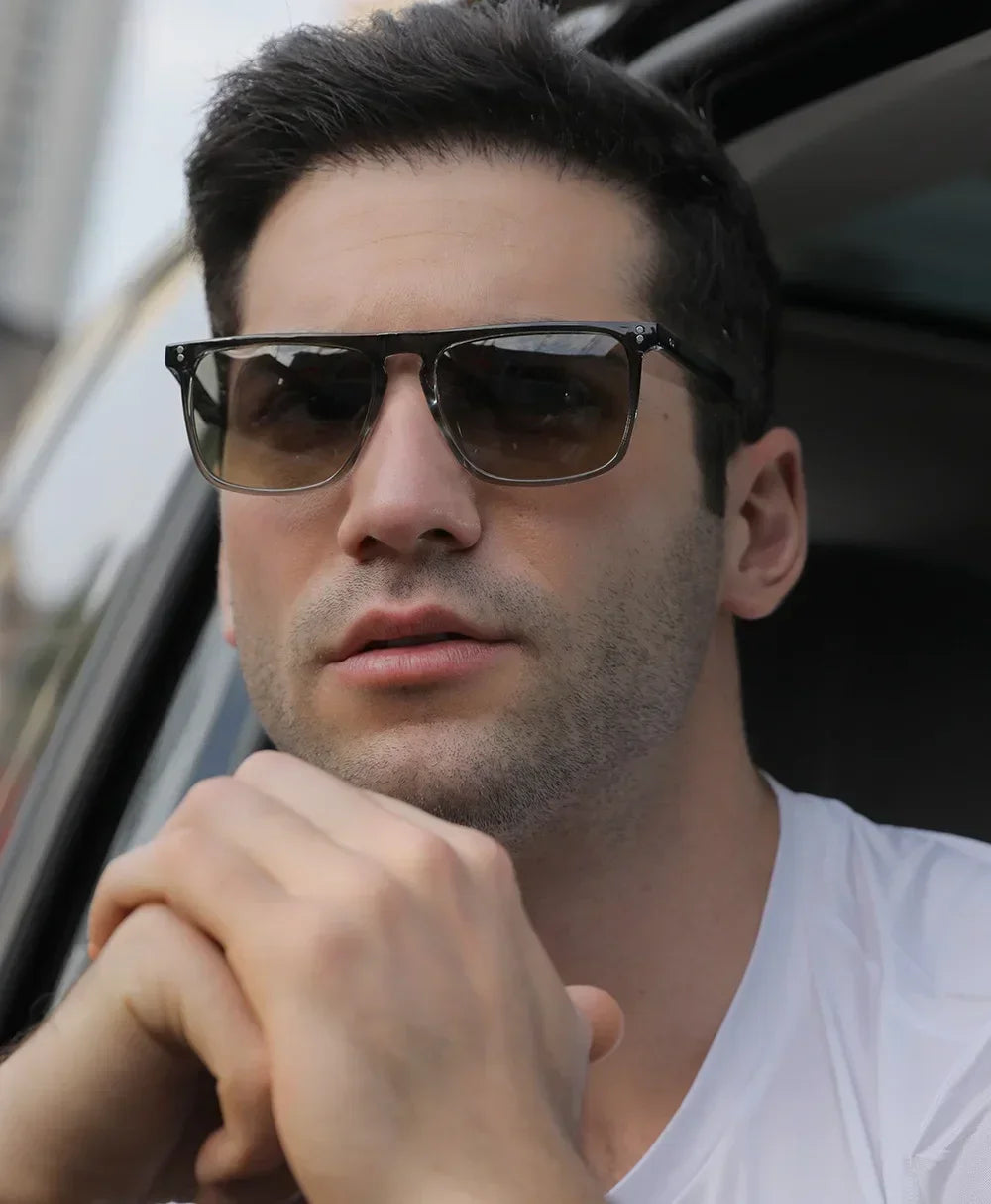 Available Trendy Flat Top Square Photochromic Glasses Stylish Sports Eyewear for Car Running Driving Vacation Travel and Fishing