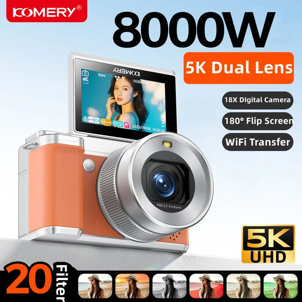 5K 80MP Digital Camera For Photography 18X AF Vlog Camcorder Livestreaming WIFI Webcam Dual Lens Selfie Camera 180° Flip Screen
