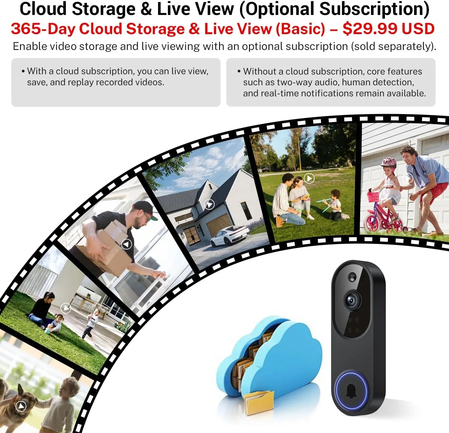 1080p Wireless Wi-Fi Video Doorbell Camera with Two-Way Audio, Night Vision, Cloud Storage, AI Motion Detection, 2.4GHz Wi-Fi
