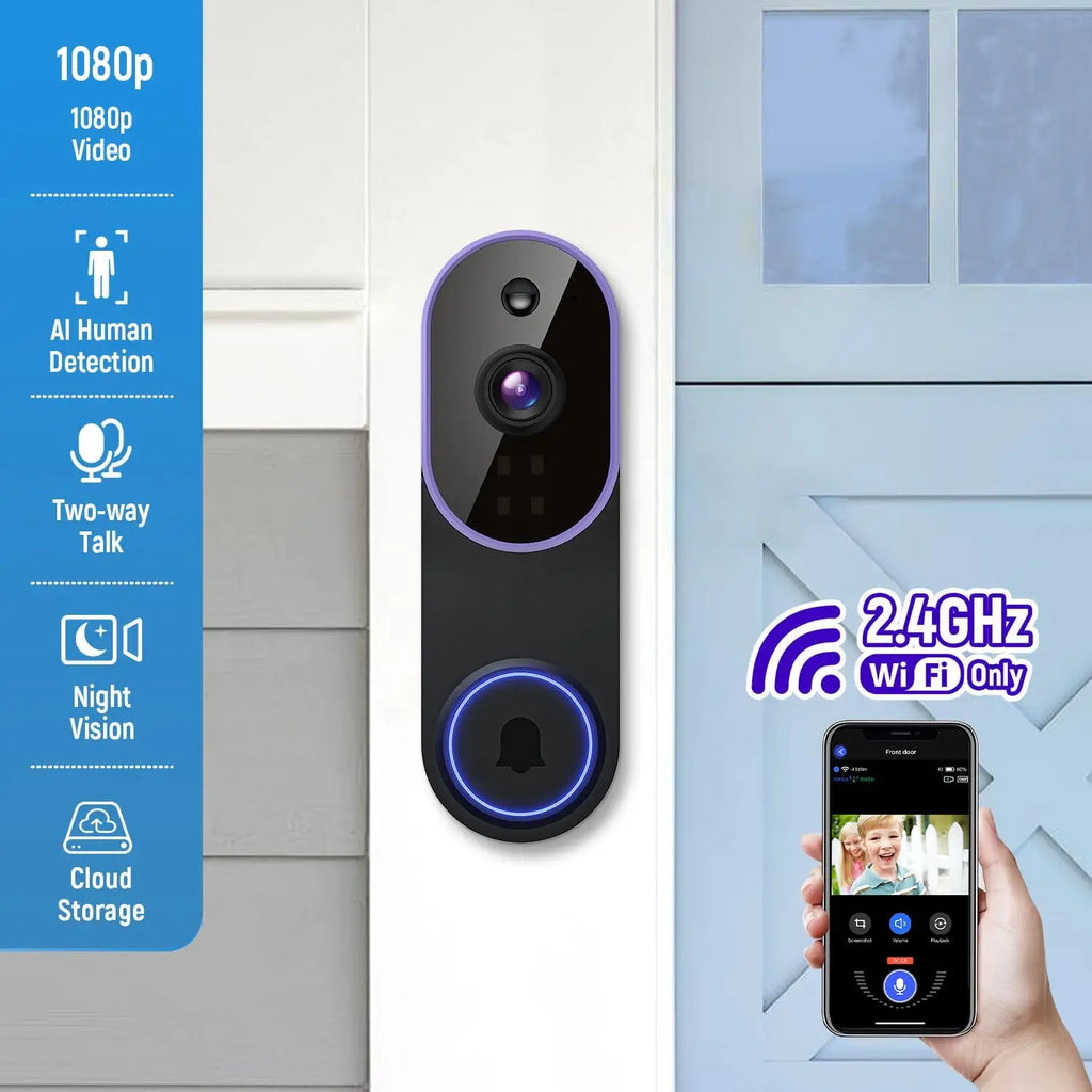 Smart Wireless Video Doorbell Camera with AI Detection, Night Vision, Cloud Storage, Battery Powered for Indoor Outdoor Use