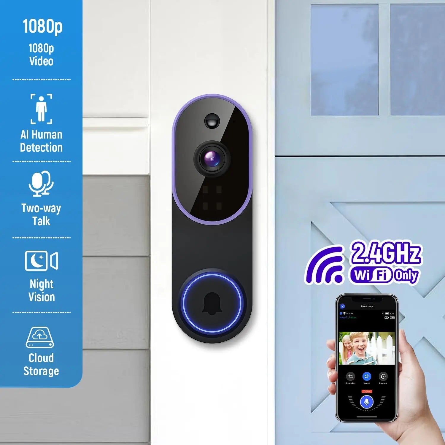 Smart Wireless Video Doorbell Camera with AI Detection, Night Vision, Cloud Storage, Battery Powered for Indoor Outdoor Use