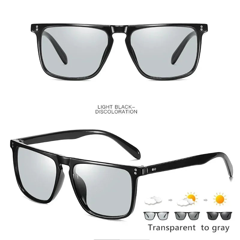Available Trendy Flat Top Square Photochromic Glasses Stylish Sports Eyewear for Car Running Driving Vacation Travel and Fishing