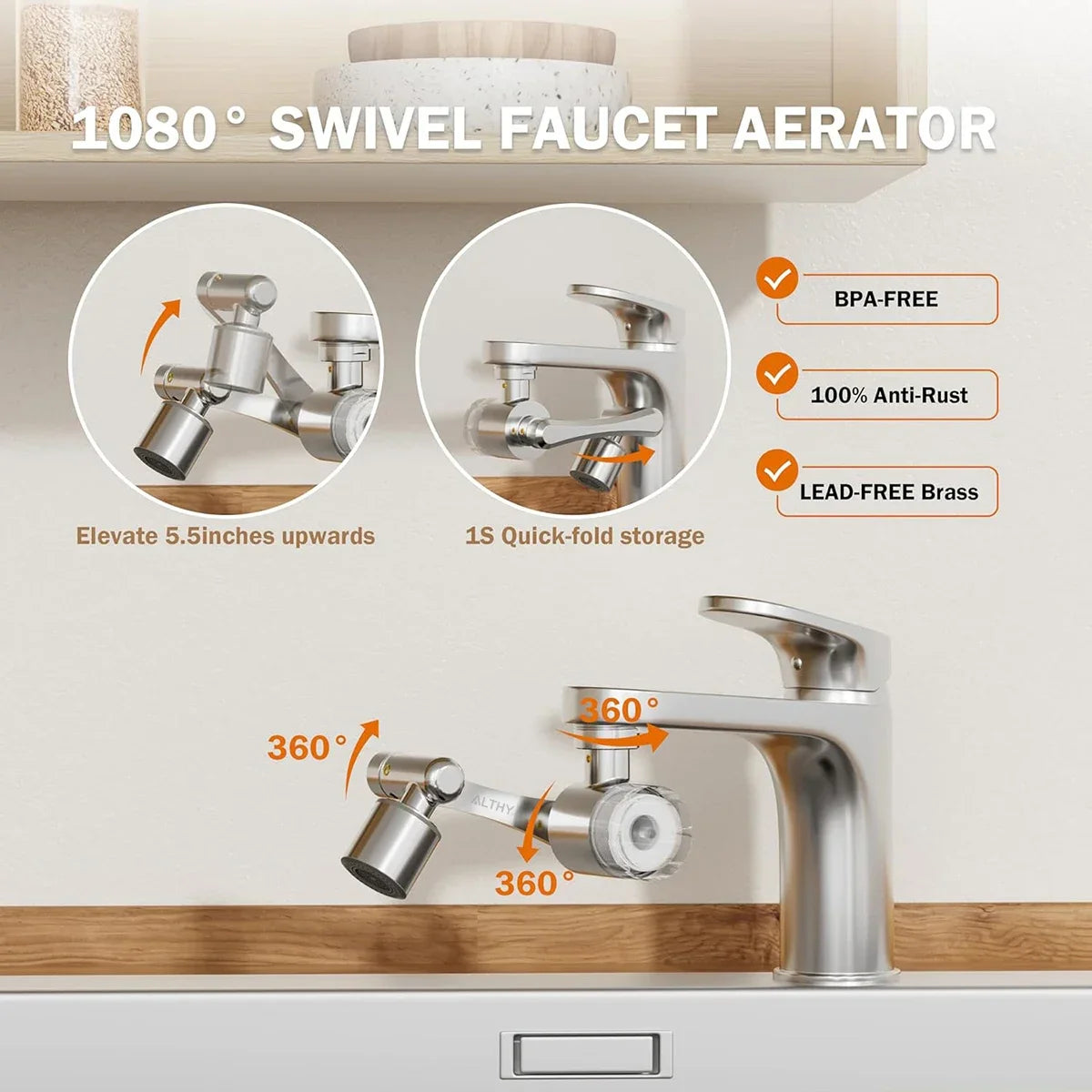 ALTHY Faucet Extender + Tap Aerator + Water Filter, Sink Splash-proof 1080° Rotating, Reduce Lead Chlorine Odor, 2 Spray Modes