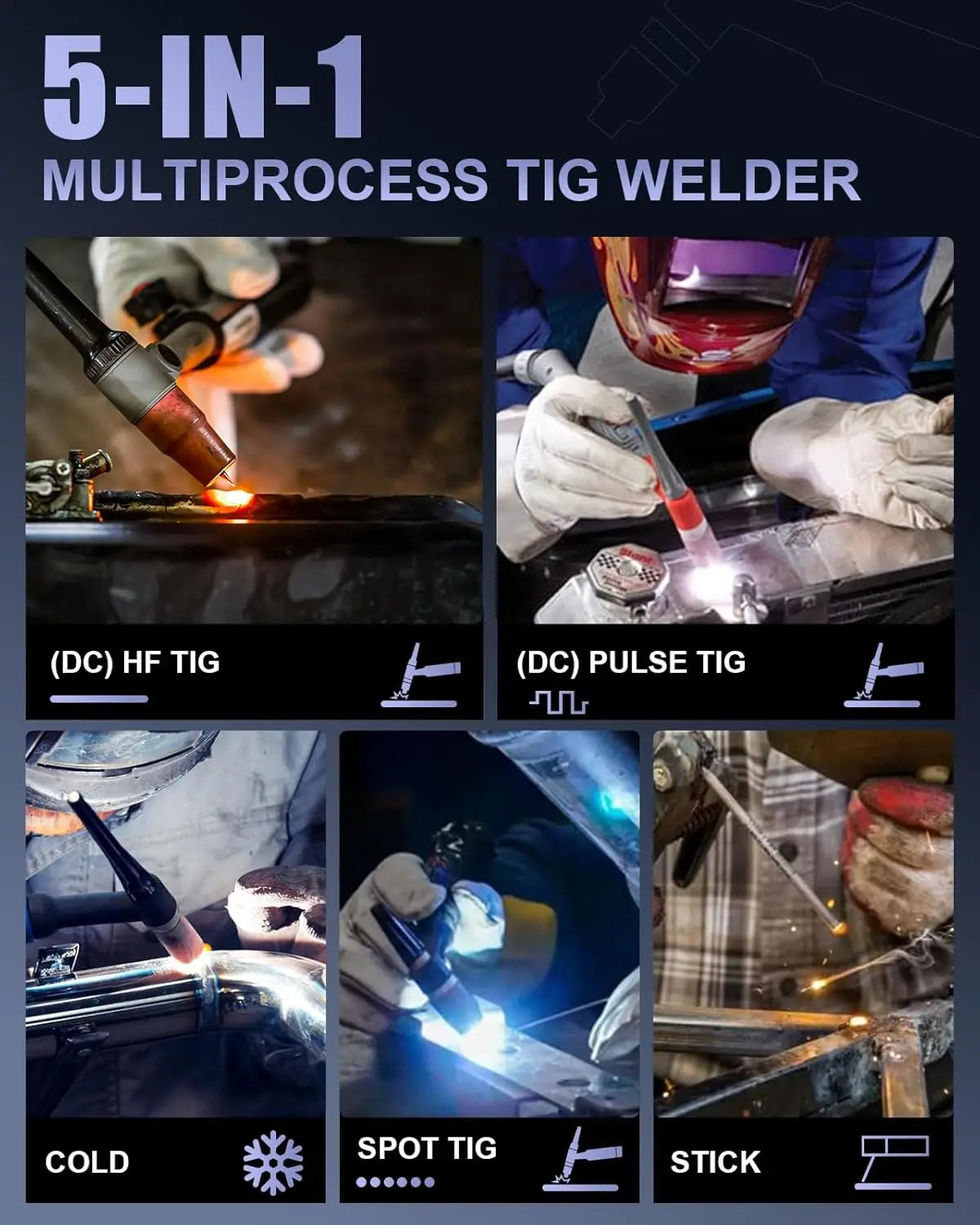 180Amp TIG Welder with Pulse & Cold Modes, Large LED Display, 5-in-1 DC HF/Stick Welding, Dual Voltage 110V&220V