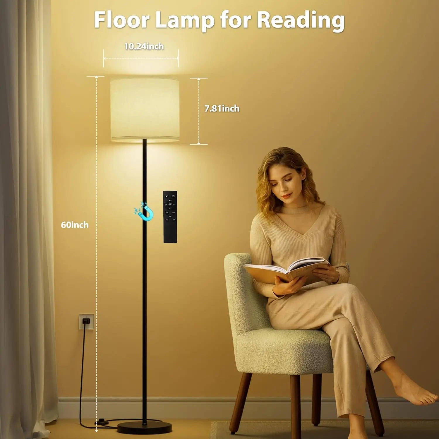 Dimmable Floor Lamp with Remote, Adjustable Color Temperature, Linen Shade for Living Room Office Bedroom