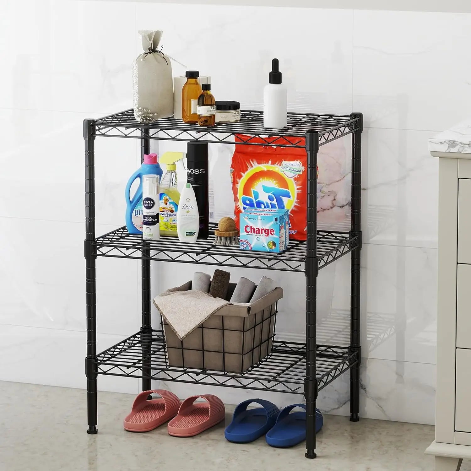 3-Tier Adjustable Metal Wire Storage Shelf, Heavy Duty Steel Rack for Kitchen Bathroom Garage, 23.3"W x 13.4"D x 30"H Black