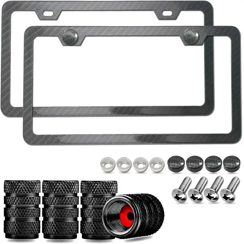 Black Carbon Fiber Pattern Plastic License Plate Frame Fiber Black Aluminum Metal Car Tag Holder Tire Screw Cap Universal Amagi