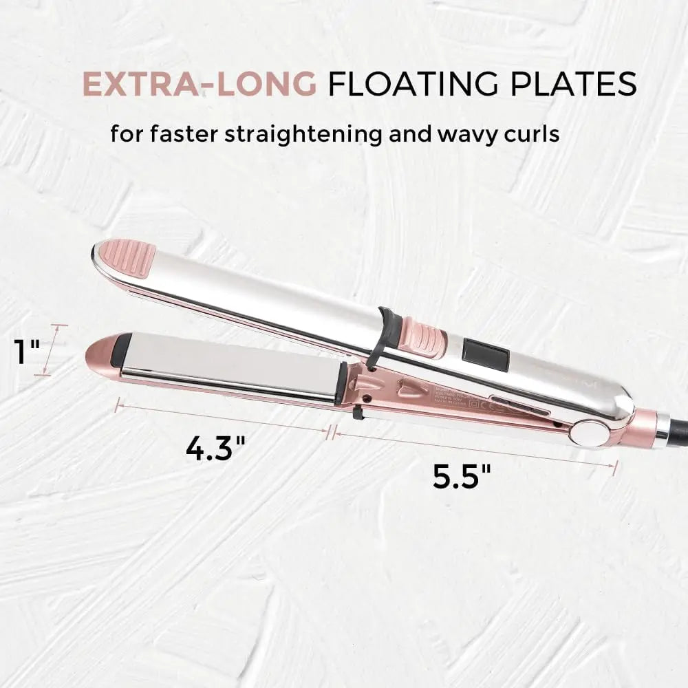 2-in-1 Titanium Ionic Flat Iron, Professional Hair Straightener & Curler, Fast Heating, Dual Voltage, Pink