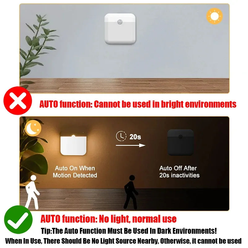 PIR Motion Sensor LED Night Light USB Rechargeable Withswitch Night Lamp for Bedroom Kitchen Cabinet Light Wireless Closet Light