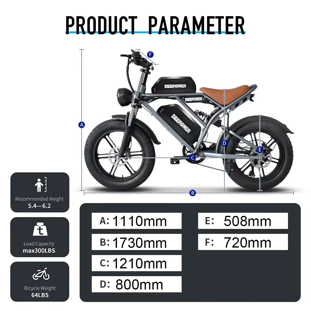 DEEPOWER QS7 Electric Bike 1500W 48V 60AH Adult Off-Road Electric Bicycle 20-inch Fat Tire Dual Battery All-Terrain Ebike