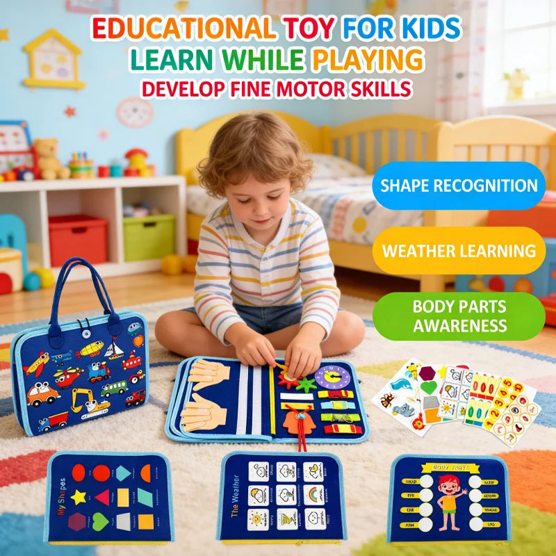 Montessori Busy Board Sensory Toys Educational Travel Activities for Preschool Kids Fine Motor Skills Learning Gift for Toddlers