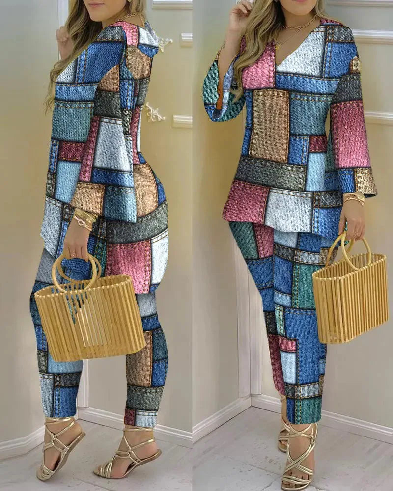 Long Sleeve V-neck Polyester Printing Two Pieces Sets