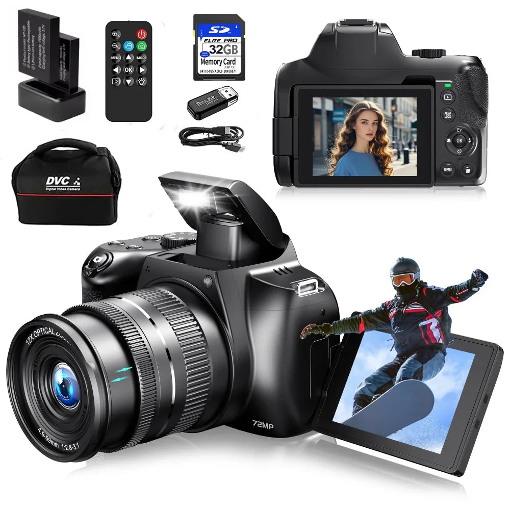 12X Optical Zoom 72MP DSLR Camera 270° Rotative Flip Screen Digital Photographic Camera Xenon Light Macro Lens 4K Wifi Camcorder